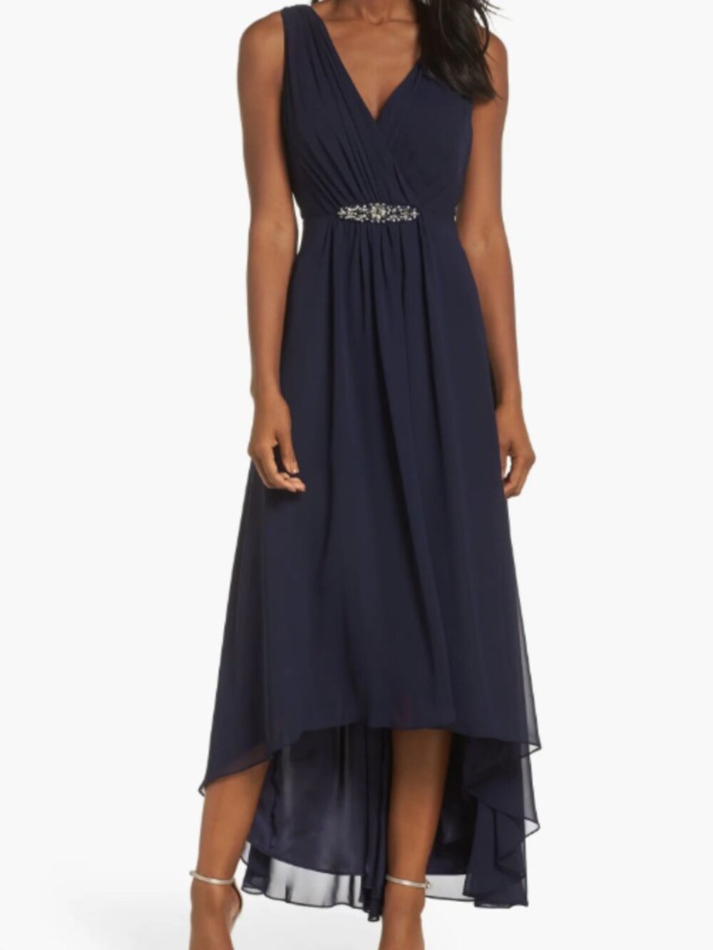 Eliza J Navy embellished High-Low Chiffon Gown - Size 8